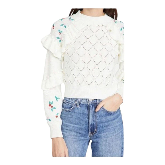 Glamorous Coquette Pointelle Knit Sweater with Embrodierd Flowers and Pom Poms - Picture 16 of 16